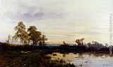 Alfred De Breanski Snr Famous Paintings - Sunset Over A Farmyard